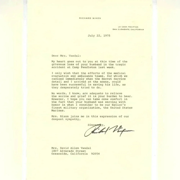 Original Letter From Richard Nixon Post Presidency To Marine widow RARE - Picture 1 of 12
